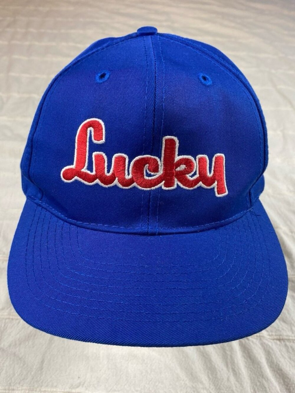 VTG 90's Lucky Grocery Store Hat Blue Red Embroidered Script Snapback Otto Cap